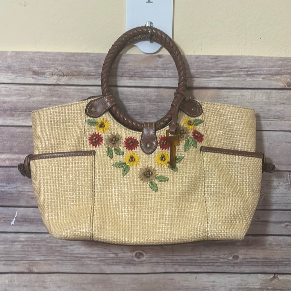 Vintage Fossil Woven Leather Handbag Embroidered